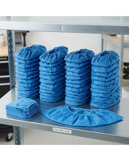 Zwfkg Nonwoven Elastic Shoe Covers Blue 50 Pack - Lifestyle view