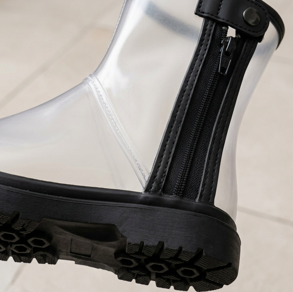 Zwfkg Zippered TPU Mid Calf Shoe Covers Clear Black - Detail view