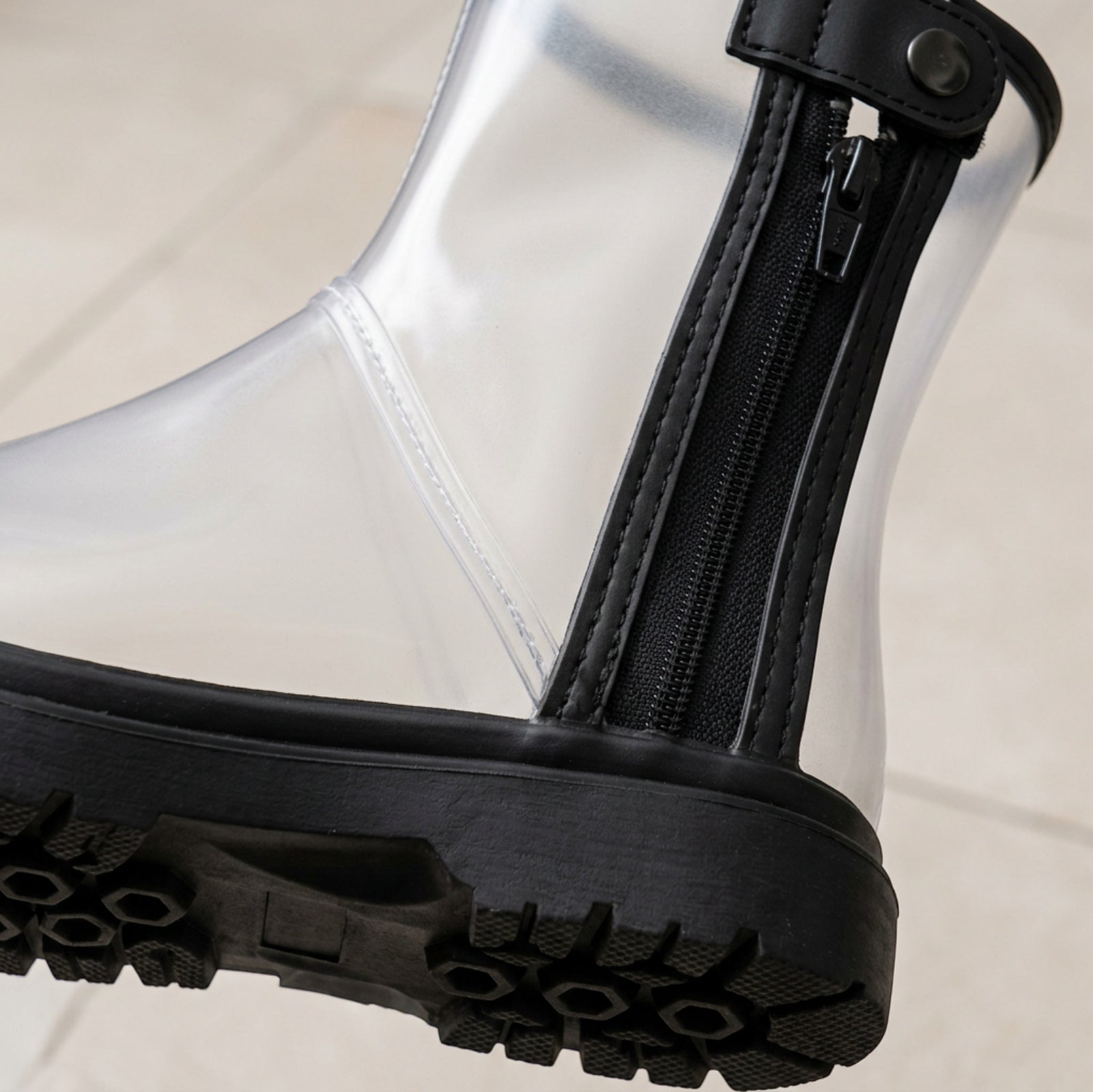 Zwfkg Zippered TPU Mid Calf Shoe Covers Clear Black - Detail view