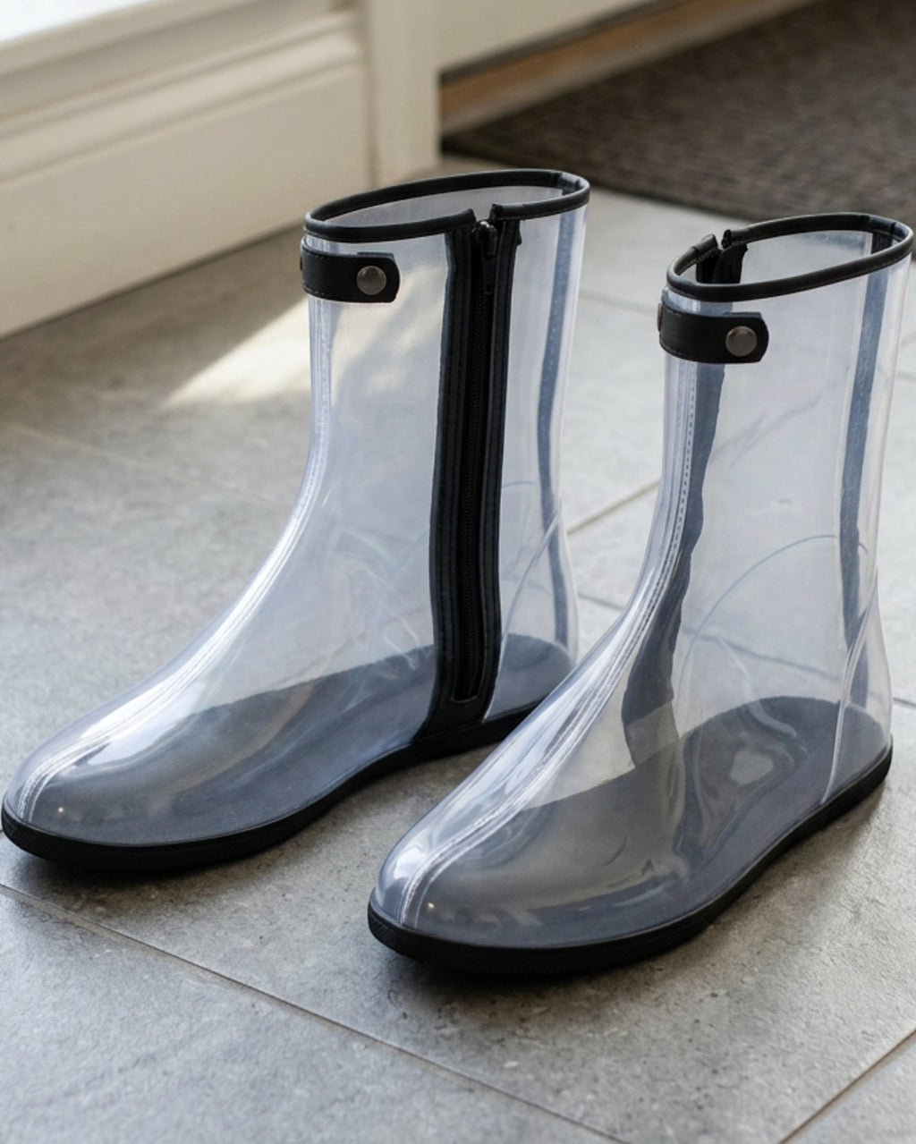 Zwfkg Zippered TPU Mid Calf Shoe Covers Clear Black - Lifestyle view